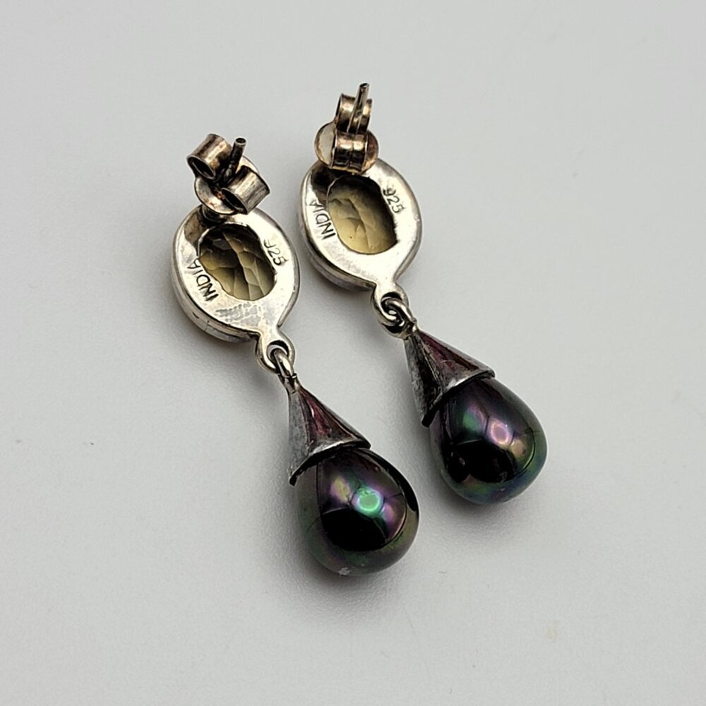 925 Sterling Silver Citrine And Peacock Pearl Teardrop Earrings Pierced  1.5" - Picture 5 of 10
